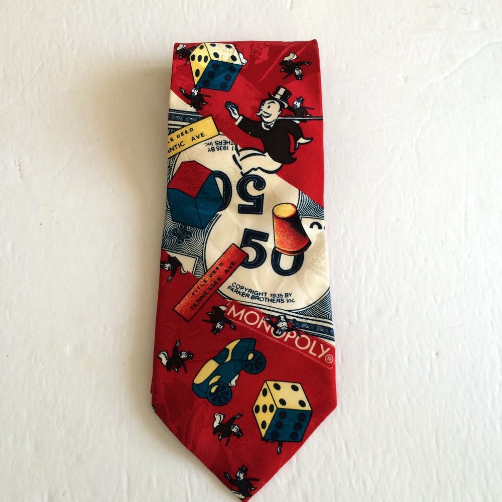 VTG 1993 Hasbro Monopoly Parker Brothers Board Game Mens Silk Tie Red Hand Sewn